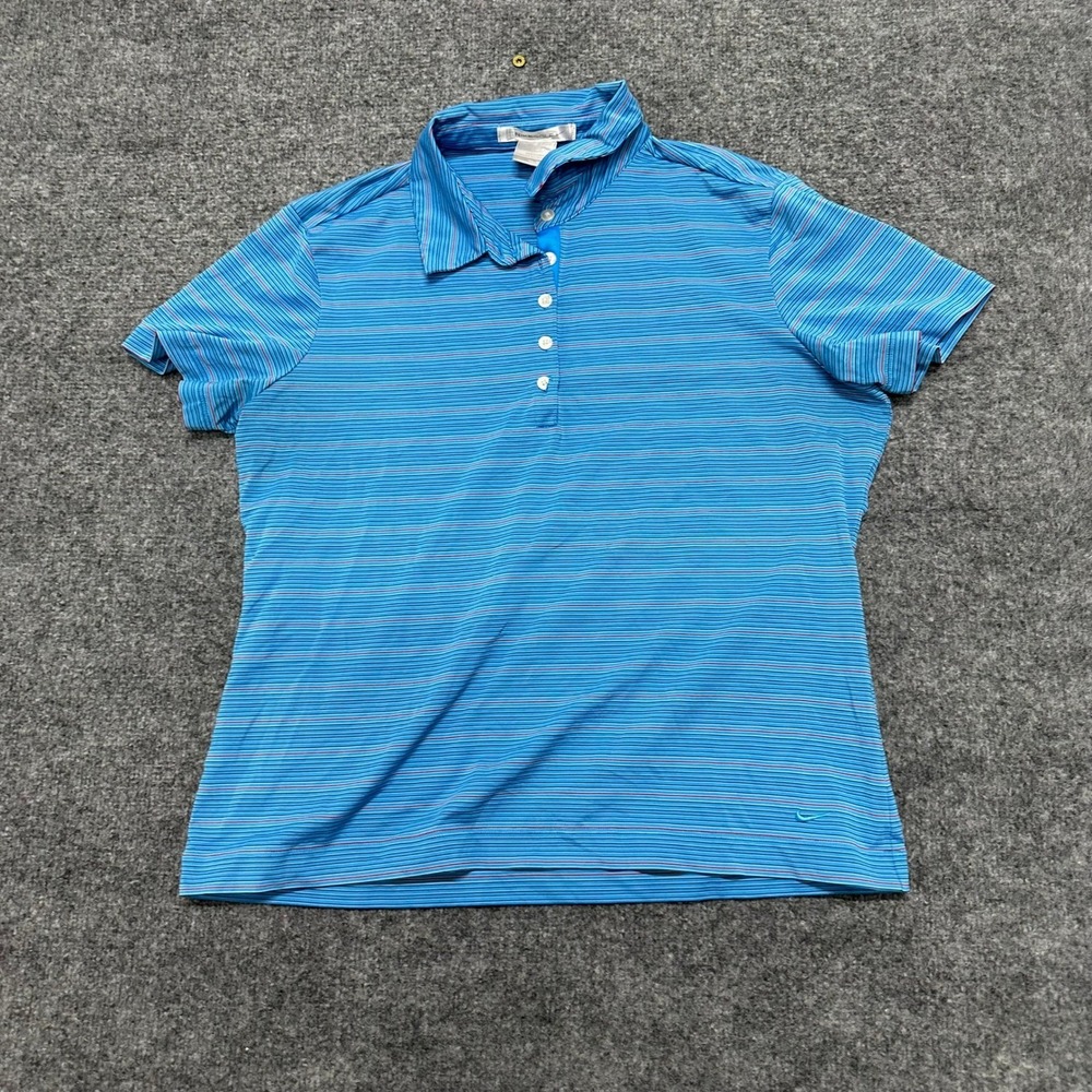 Nike Polo Womens Size L Blue Striped Fit Dry Short Sleeve Athletic Golf Shirt